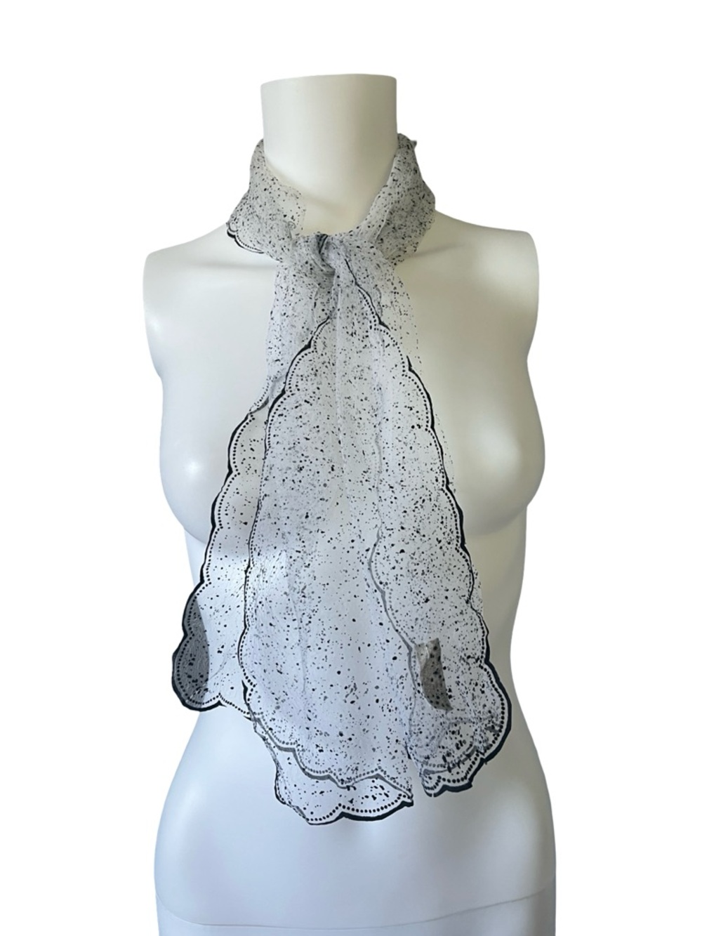Vintage Continental Textiles Sheer Scarf Black Flocked Splatter Scalloped Trim